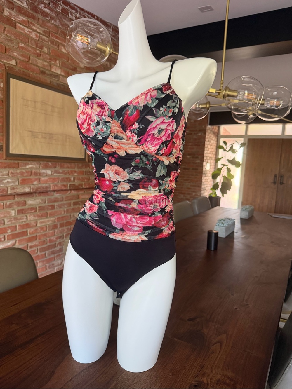Express Floral Ruched Bikini Top in Black, Pink and Coral
